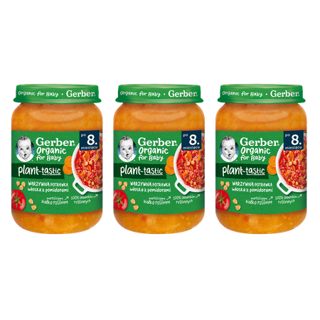 GERBER ORGANIC PLANT-TASTIC OBIADEK WARZYWNA POTRAWKA WŁOSKA Z POMIDORAMI 3x190g