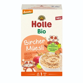 HOLLE KASZKA BIRCHER MUESLI BIO Z JABŁKIEM, RODZYNKAMI SUŁTANKAMI I MIGDAŁAMI