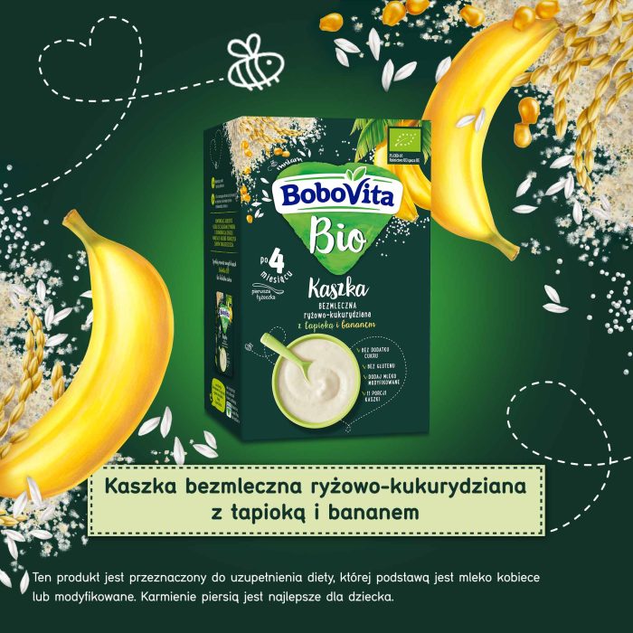 Bobovita bio kaszka bezmleczna ryżowo-kukurydziana z tapioką i bananem po 4 miesiącu 5x200 g