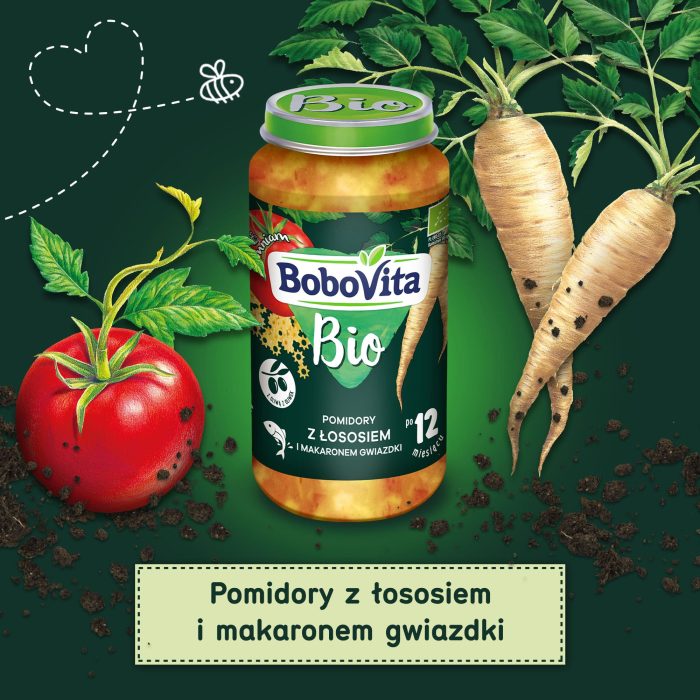 Bobovita bio pomidory z łososiem i makaronem gwiazdki po 12 miesiącu 3×250 g