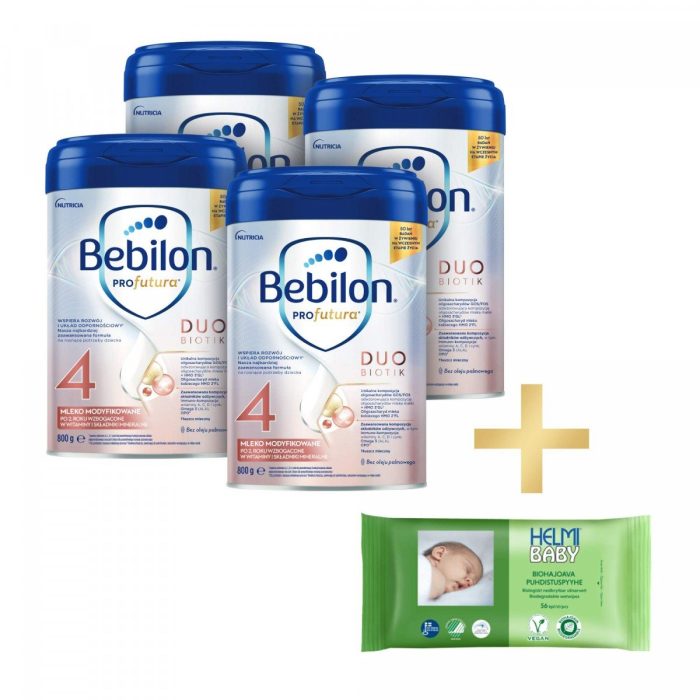 Bebilon profutura duobiotik 4, mleko dalsze, 800g x 4 sztuki + helmi chusteczki bio
