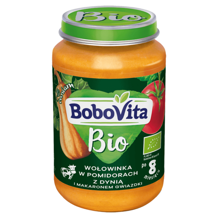 Bobovita bio obiadek wołowinka w pomidorach z dynią i makaronem gwiazdki po 8 miesiącu 190 g