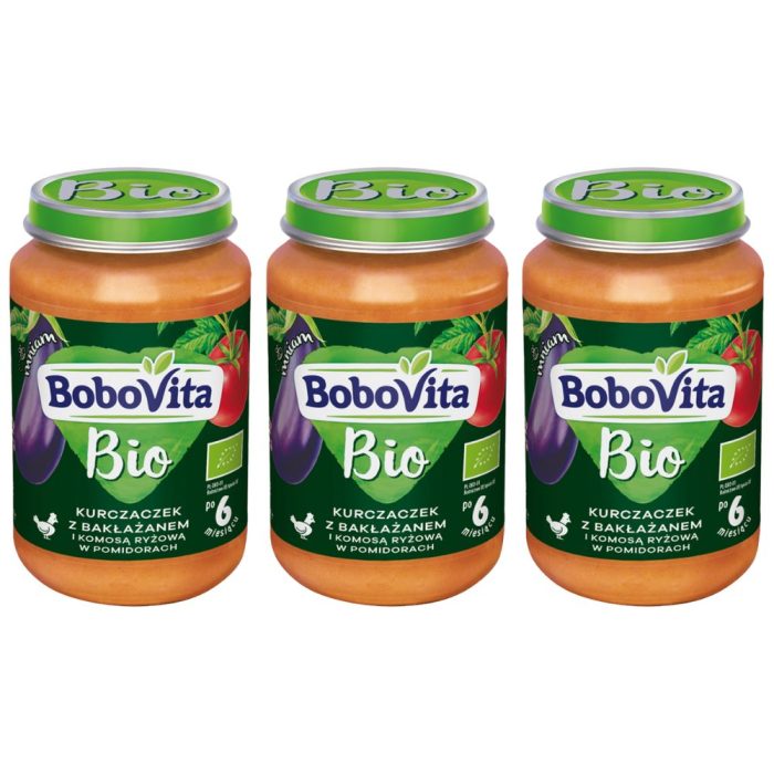 Bobovita bio obiadek kurczaczek z bakłażanem i komosą ryżową w pomidorach po 6 miesiącu 3x190 g