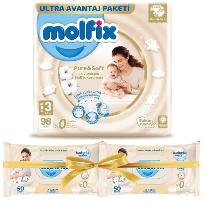 Molfix pure&soft pieluszki midi 3 (4-9 kg) 98 szt. + 2x chusteczki gratis