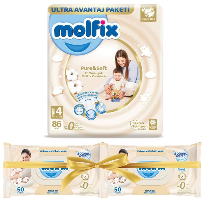 Molfix pure&soft pieluszki maxi 4 (7-14 kg) 86 szt. + 2x chusteczki gratis