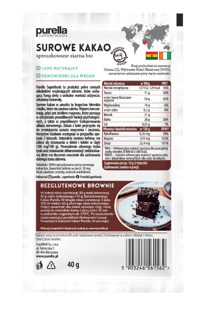 Purella superfoods surowe kakao sproszkowane 40 g bio