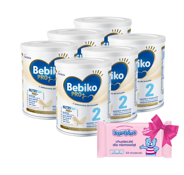 BEBIKO Pro+ 2 mleko modyfikowane, 6x700g + BAMBINO Chusteczki nawilżane 63 szt. GRATIS